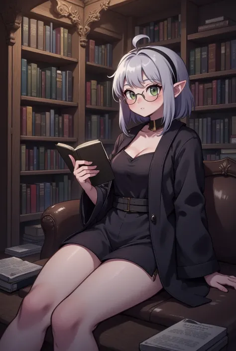  ((great quality)) (deatailed) 1 girl, short silver hair, black robe, in a library, elf ears, thick thighs, medium breasts, reading, detailed background, circle glasses, nice skin, laying down, breasts showing, green eyes, full body, socks