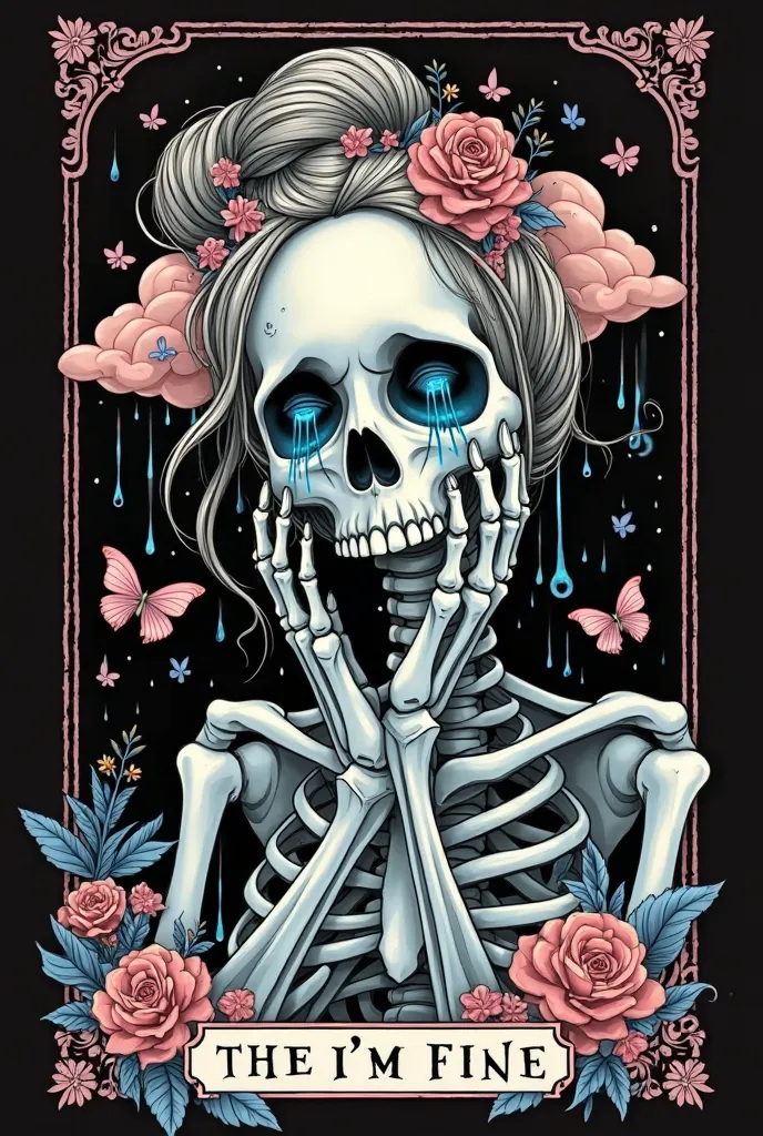 A bold and surreal graphic design on a black background featuring an intricately detailed skeleton with an expressive and melancholic aesthetic. The skeleton has a feminine appearance, with long, flowing hair tied up in a messy bun, adorned with delicate r...