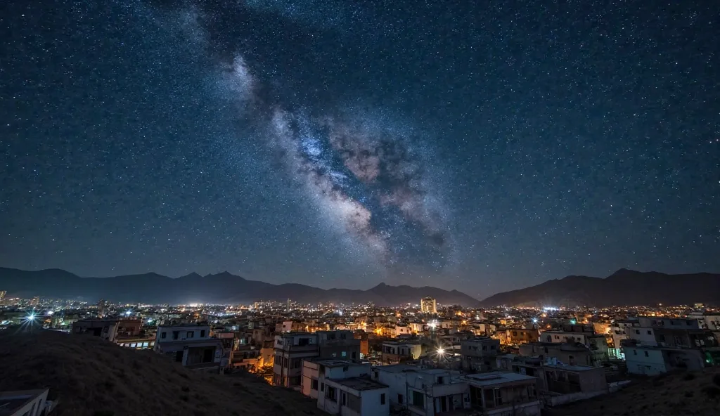 Create a realistic image in Quetta city pakistan Unlike most cities, where light pollution,  A city that blends history, culture, and natural beauty in a way that captivates the soul. But dims the stars, Quetta's night sky is a spectacle! The high altitude...