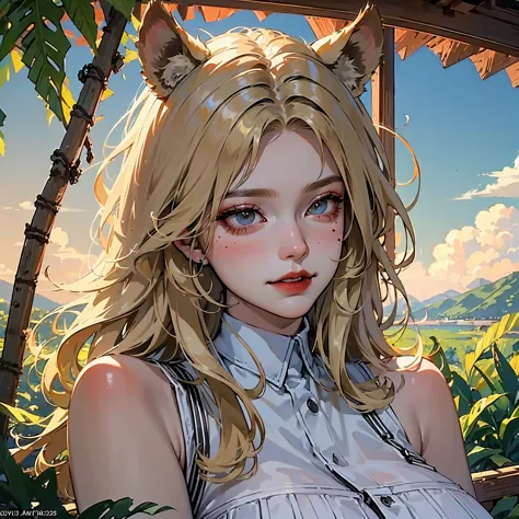 (Masterpiece:1.5), (best quality), (detailed), close up, 1girl, HD, semirealism, demihuman, wild curly thick dirty blonde hair, curly hair, marking on cheek, very tanned skin, Dark skin, full lips, smirking, in a jungle, lion ears, lion tail, posing, sharp...