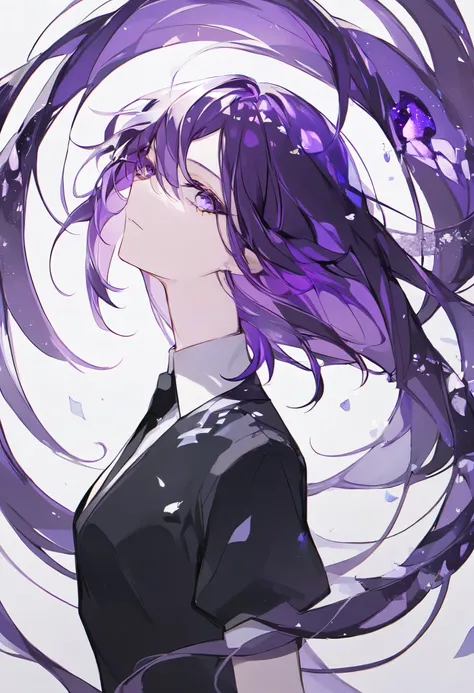 Beautiful, solo, long hair, purple hair, purple eyes, white shirt, black suit, short sleeves, houseki no kuni