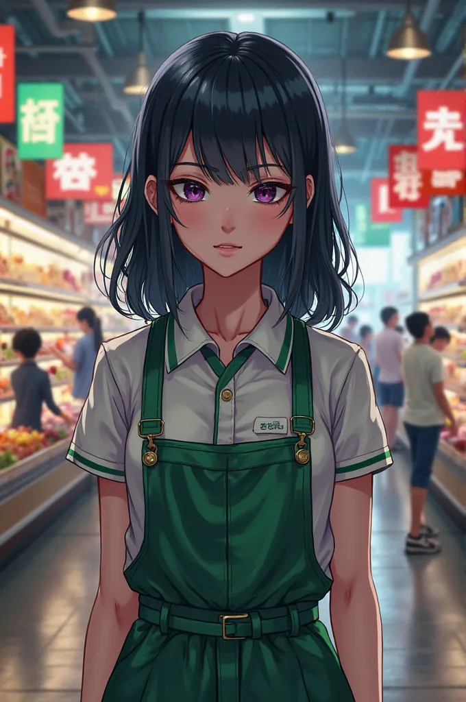 Black-haired, purple-eyed girl in green supermarket uniform 