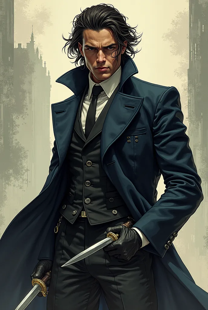 Man with a chic overcoat like Peaky Blinders with loose hair and with daggers like Assassin's Creed manga style image