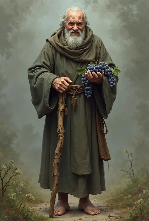 drawing of Blind Old Man, he used a wooden cane, he wore the cassock of a hermit monk, he went barefoot and with an infectious smile, he was wise and ate juicy grapes.