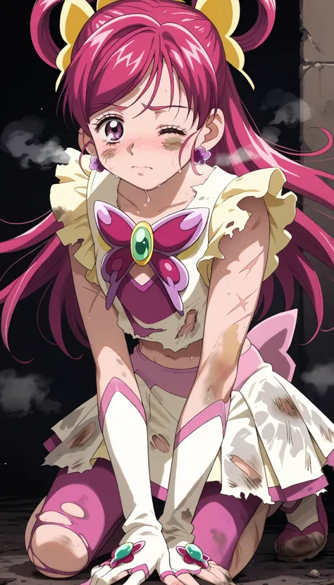 1girl, solo, ((curedream)),(body covered in scars:1.1),(dirty clothes:1.2),(ripped clothes:1.3), (damaged clothes:1.4),kneeling, anime coloring,midnight,(sweat, blush,steam,Close one eye),