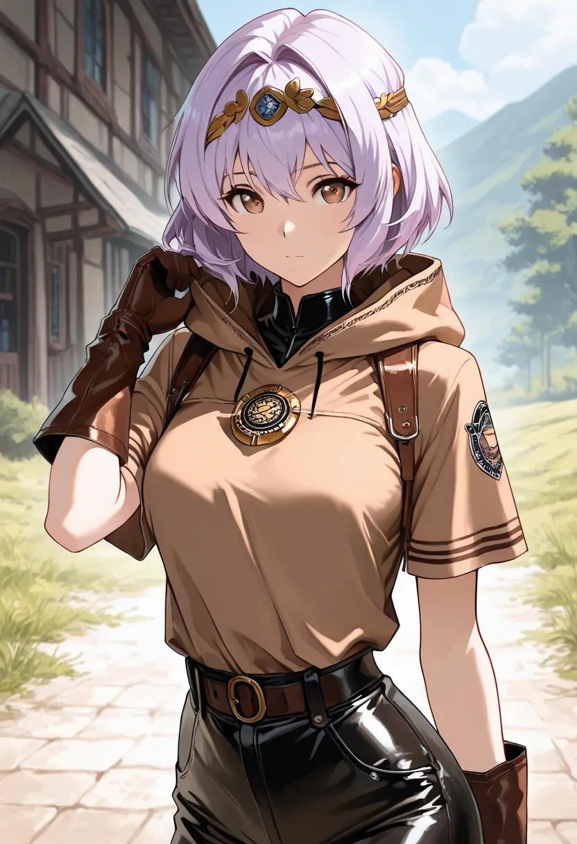 masterpiece, best quality, 8k, score_9, anime style, Masterpiece, best quality, Woman, solo,pretty face, hazel eyes, , short hair, light purple hair, bronze color diadem, medium breast, brown shirt, short sleeves, black matte pants, athletic body, country ...