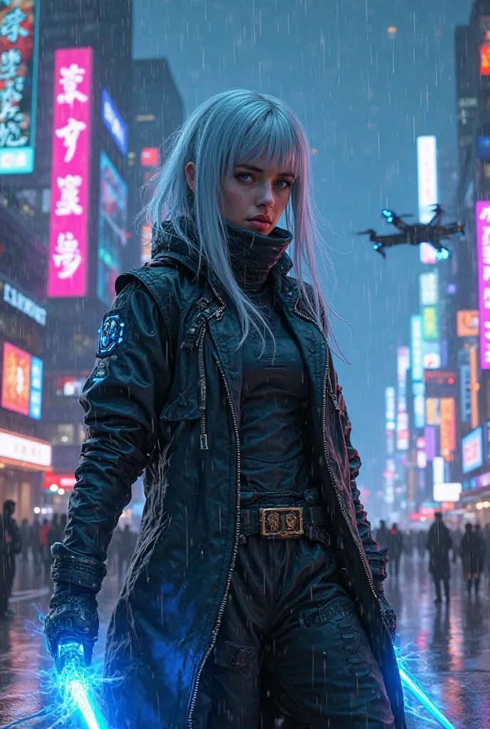 A highly detailed cyberpunk warrior, of silver hair and elongated eyes, wears a technological black jacket with holographic details. She holds a blue energy sword, with electric rays emanating from the blade. The background shows a vibrant futuristic city,...