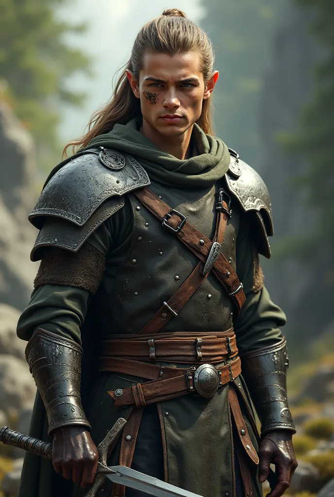 Young elven man with a burn on his face, wears armor and two swords. 