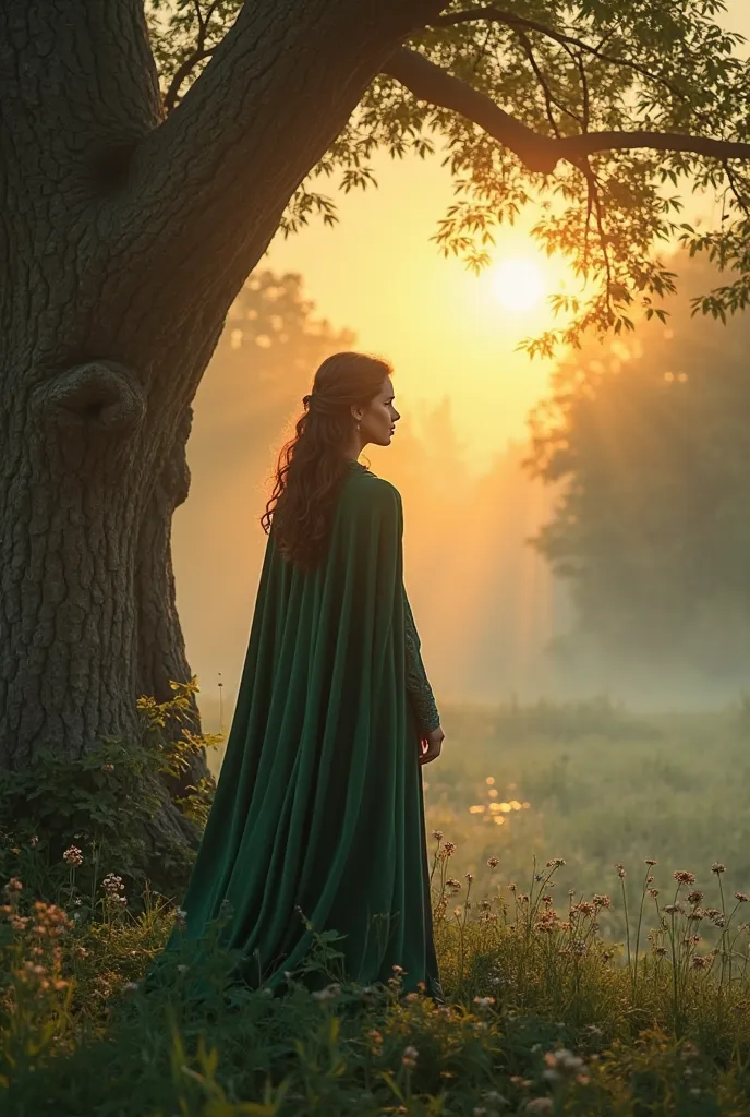 As the sun rises, Victor stands outside Liana’s cabin, watching her with a newfound sense of respect. She stands near a massive ancient tree, her green cloak blending with the morning mist. A soft breeze moves her wavy brown hair as she gazes at the golden...