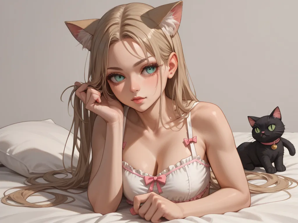 a sexy woman in baby doll lingerie, long hair and cat ears, hair pulling