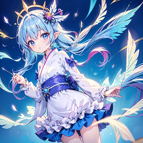  Best Details、 Baby Face、 1 girl，，Blink，    Best quality   ，Milky White and Blue Gradation Hair Color、Wear a colorful and cute gothic kimono costume   ,  Star Fairy ,Wear a colorful and cute gothic kimono costume    with little fairy feathers growing from ...