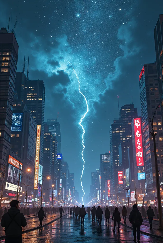 A wide shot of a modern cityscape at night, with neon lights and digital billboards. In the sky, strange celestial phenomena like shooting stars and glowing clouds. People in the streets look up in awe and fear, symbolizing the first signs of prophecy unfo...