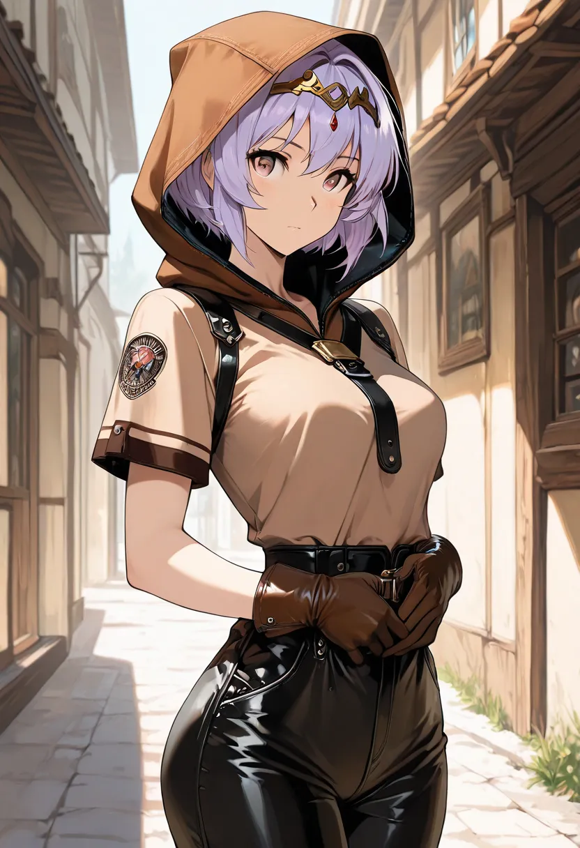 masterpiece, best quality, 8k, score_9, anime style, Masterpiece, best quality, Woman, solo,pretty face, hazel eyes, , short hair, light purple hair, bronze color diadem, medium breast, brown shirt, short sleeves, black matte pants, shirt over pants, athle...