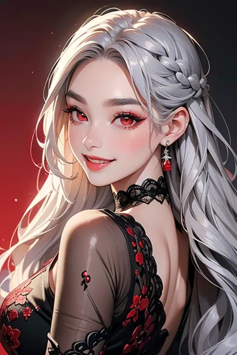 (top quality, masterpiece:1.2), High Resolution, 最高masterpiece、very detailed, realistic:1.37,   fantasy, Illustration for both eyes,((  Silver Hair)).((Red Eyes)).  queen, ((red and black lace dress)).beautiful、 Eye Shadow Red   、thick eyebrows、long eyelas...