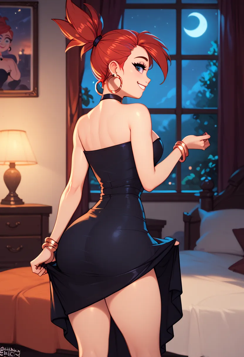 FrankieFoster, black dress, bare shoulders, jewelry, ponytail, bracelet, strapless, hoop earrings, black choker, from behind, skirt lifted, blushyspicy, bedroom, skilooking back, smile, semi-opened eyes, night 