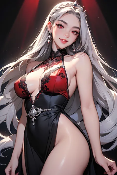 (top quality, masterpiece:1.2), High Resolution, 最高masterpiece、very well detailed, realistic:1.37,  fantasy, illustration for both eyes,(( Silver Hair)).((red eyes)). queen, Red and Black Lace Dress、beautiful、 Eye Shadow Red 、thick eyebrows、long eyelashes、...