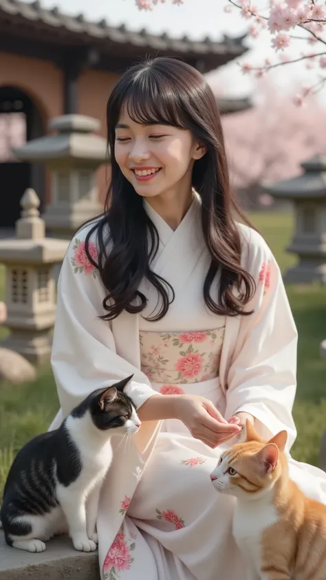 Photorealistic Images。A woman dressed in traditional Japanese clothes、is playing with cats in an ancient city garden where cherry blossom petals dance。has an old-fashioned tea room in the background、has stone lanterns arranged。soft light during the day ill...