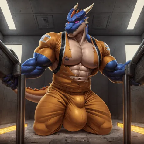 Prison setting, two men, a human and a dragon in an interrogation room, human security officer being hypnotized to turn into a kobold by a dragon inmate, orange clothing, prison jumpsuit, security uniform, flex, muscular, barazoku, evil grin, torn clothing...