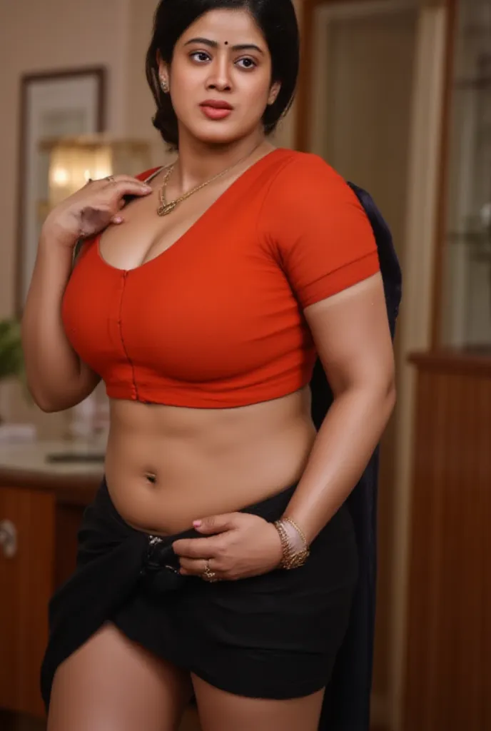 An indian young man hugs a  beautiful  plus size indian aunty from her back and holding hers breasts by both hands ,she wears an orange blouse and black skirt, fleshy wide belly, big navel