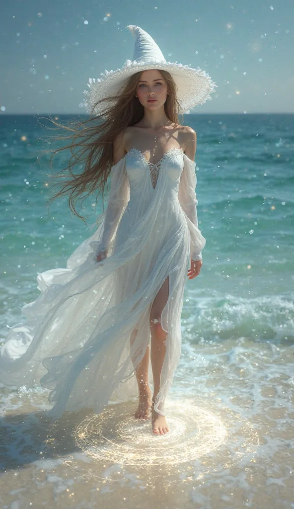 A beautiful woman wearing a white witch's hat dressed in white brown hair in the sea looking down on the sand a face drawing in the form of light 