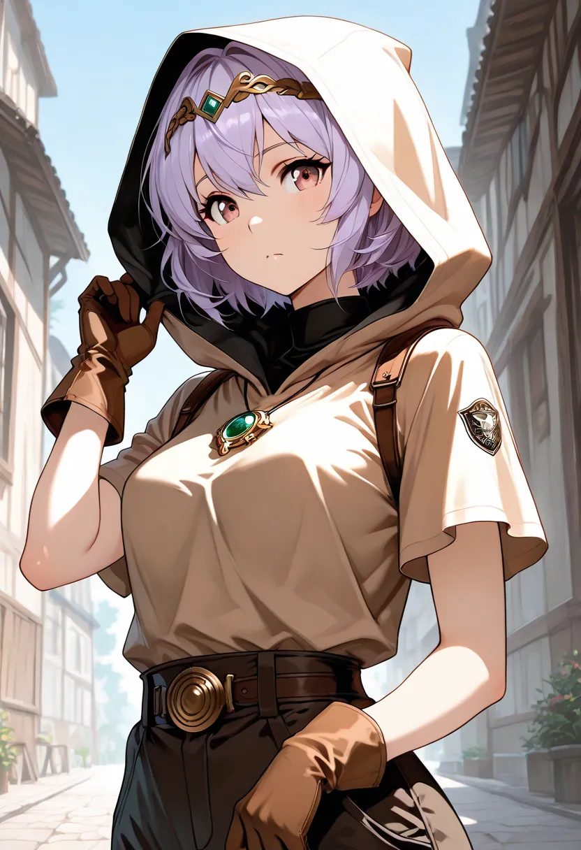 masterpiece, best quality, 8k, score_9, anime style, Masterpiece, best quality, Woman, solo,pretty face, hazel eyes, , short hair, light purple hair, bronze color diadem, medium breast, brown shirt, short sleeves, loose shirt, black matte pants, shirt over...