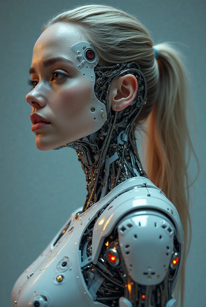 Beautiful girl being transformed into a robot, transformation sequence, beautiful,  3 frames, multiple frames, multiple views, 3 images, multiple images, transformation into a robot, cyborg, science fiction, robotic joints , robotization, before and after ...