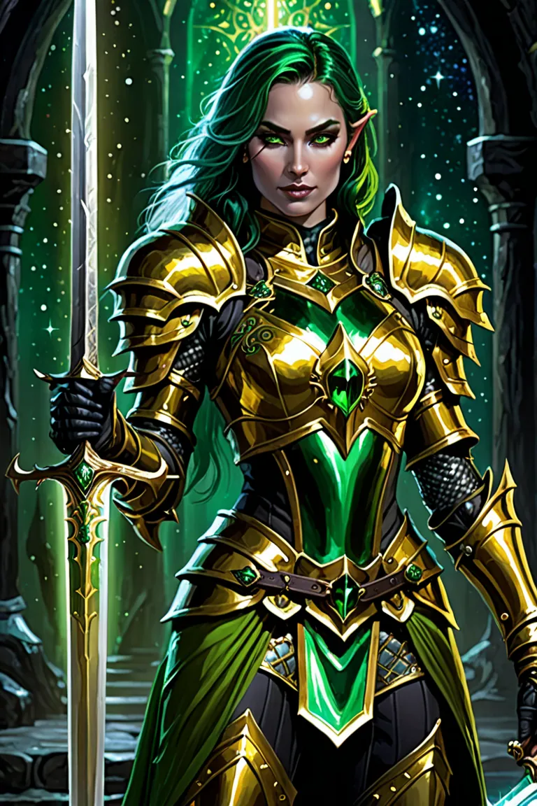 Um death knight woman, dress in gold and green armor, in a dark cosmic setting, with a gleaming sword