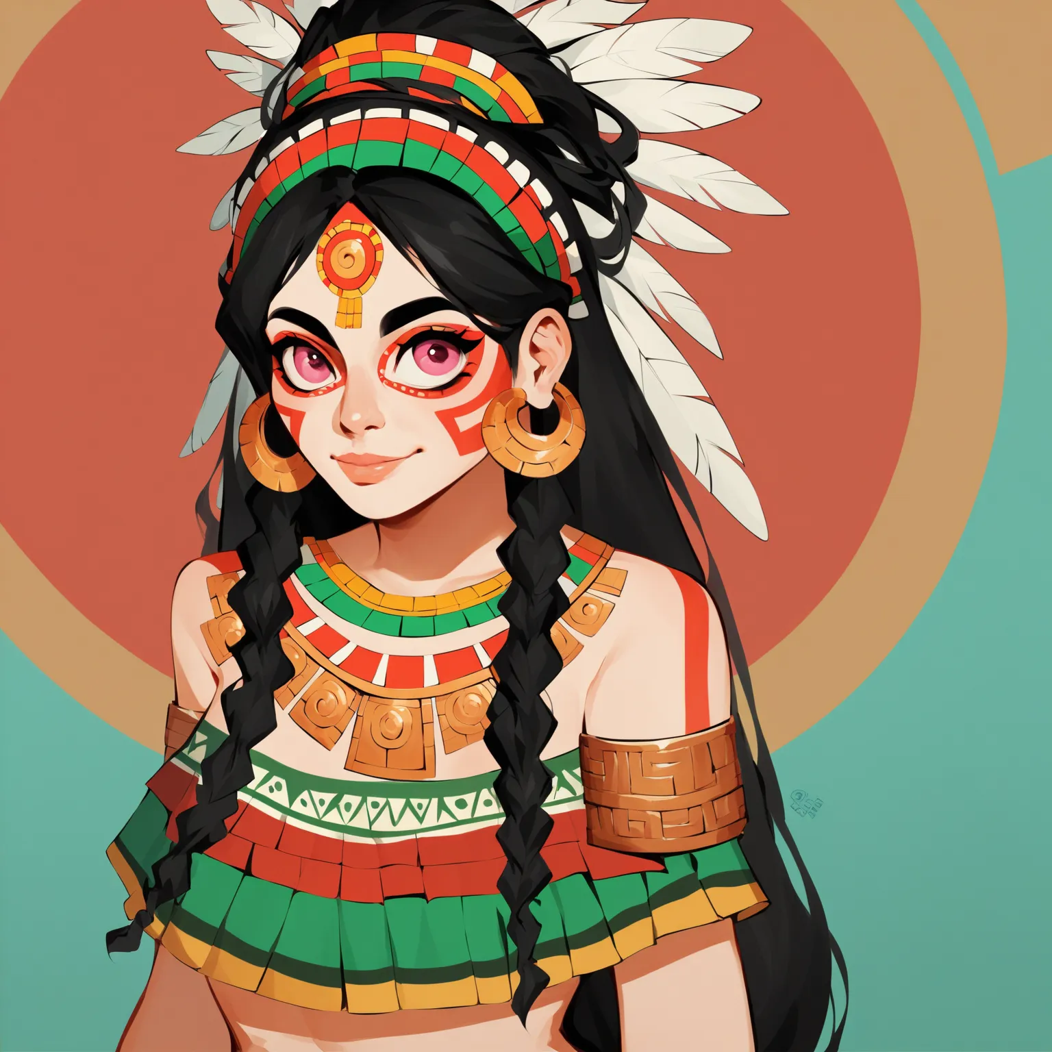 1girl, aztec girl, beautiful girl, beautiful face, aztec ornament, black hair, long hair, pink eyes, beautiful multicolored chest band, multicolored skirt, human ears, in full growth, (модельная внешность:1.0), (anime style:1.0), white skin, (domineering:1...