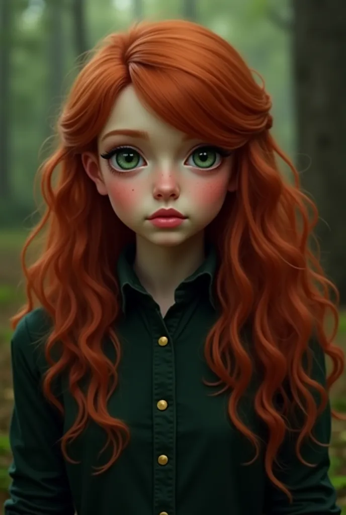 Hazel has copper hair, long and slightly wavy,  falling on her shoulders . Her skin is fair, with a pale tone that highlights her slightly blushed cheeks. Her eyes are deep green,  almost like emeralds , with a sparkle that reflects their constant concern,...