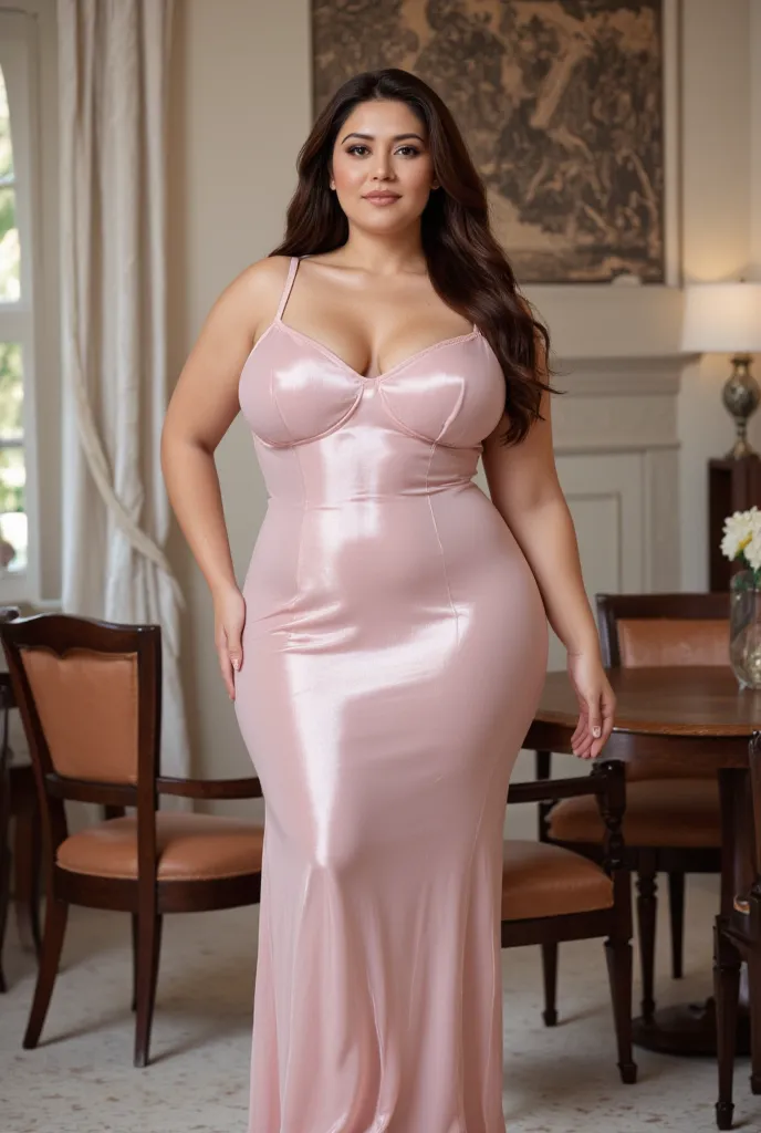 image of Curvy Burmese woman, Asian Skin,Round Face Shape, huge breast, small waist wide hips in a form-fitting, Metllic, Pink , sheer maxi dress, with long brown hair, standing in a Room with a neutral color palette; showcasing a  reflective, shimmering, ...