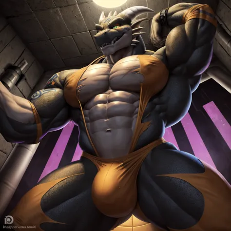 Prison setting, two men, a human and a dragon in a prison cell, human security officer being hypnotized to turn into a kobold by a dragon inmate, orange clothing, prison jumpsuit, security uniform, flex, muscular, barazoku, evil grin, torn clothing, huge b...