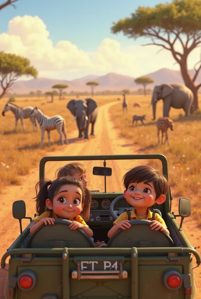 Cute, Disney Pixar, 4K "2 sisters and 2 brothers smiling in a safari jeep while watching zebras,  elephants , giraffes and hyenas in the middle of the African landscape, with acacia trees and sunny skies."