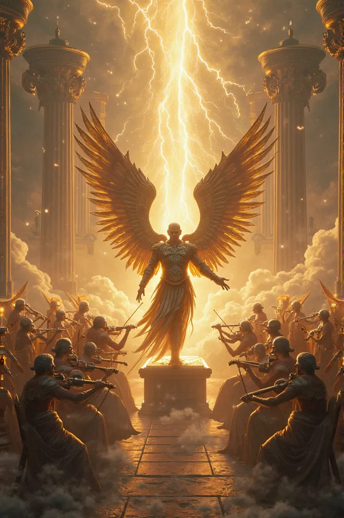 Here is your detailed and epic prompt in English:

"A grand celestial orchestra composed of warrior angels in the style of God of War, each playing a classical instrument with divine mastery. At the center, an imposing angelic conductor with massive golden...