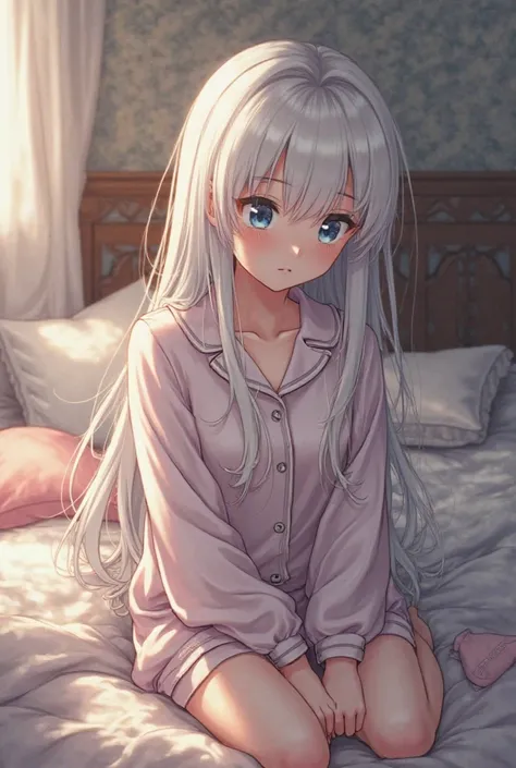 She generates, ah, a pretty anime-style girl with attributes and in pajamas and with white hair with blue eyes and in a sad bed and she's 19 years old