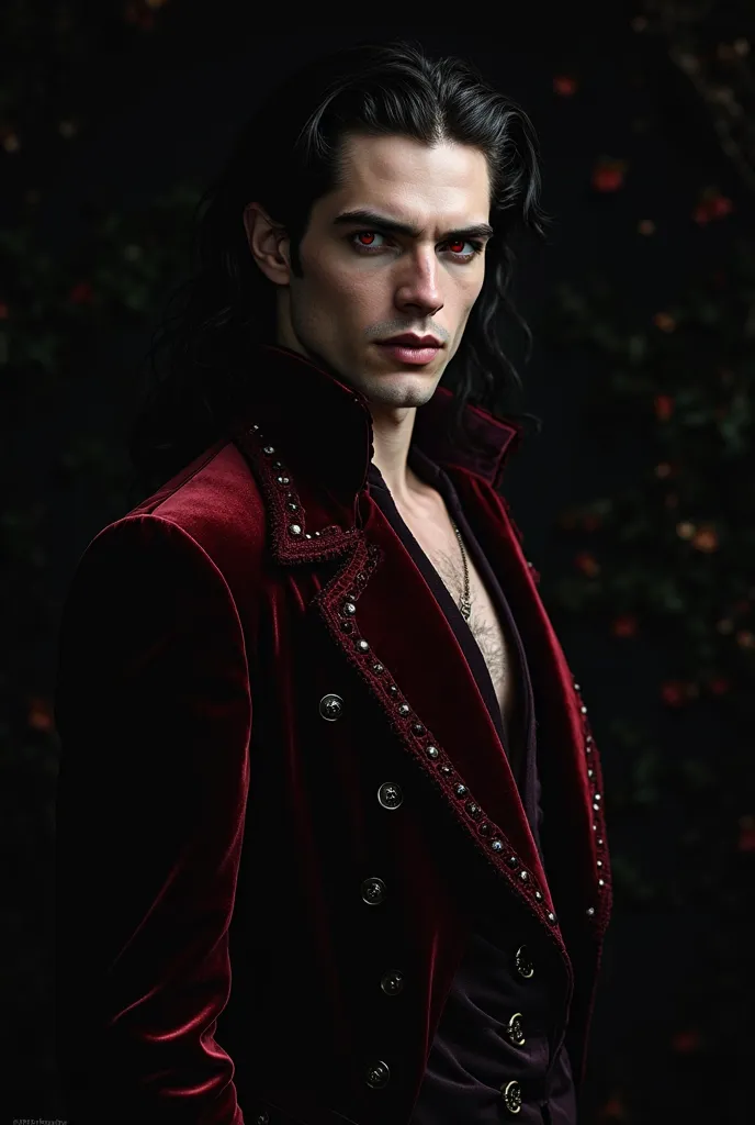 Hyperrealistic large image on a black background from the side and from the bottom up in high resolution of a handsome man with thin facial features Aro Volturi with curly long black hair, with a straight small thin nose and dark red eyes (notice the light...