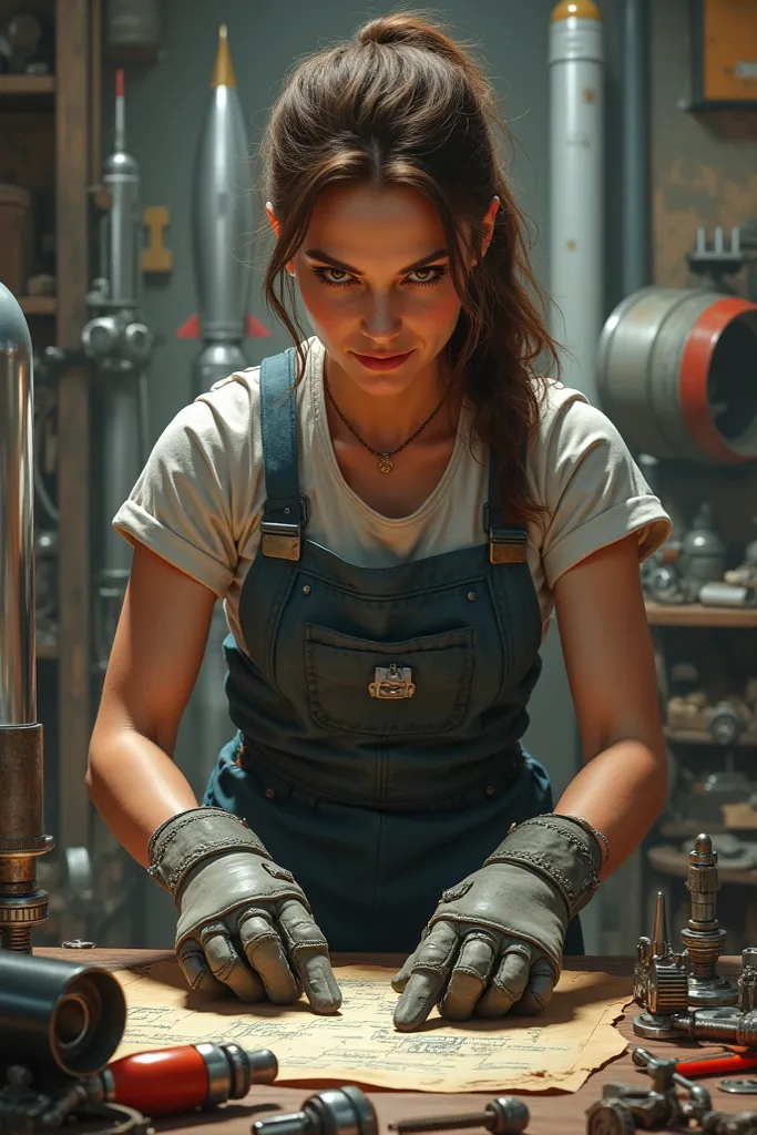 Women, she has a lot of tools. She's a mechanic. She has big gray gloves. She's an inventor of rockets.