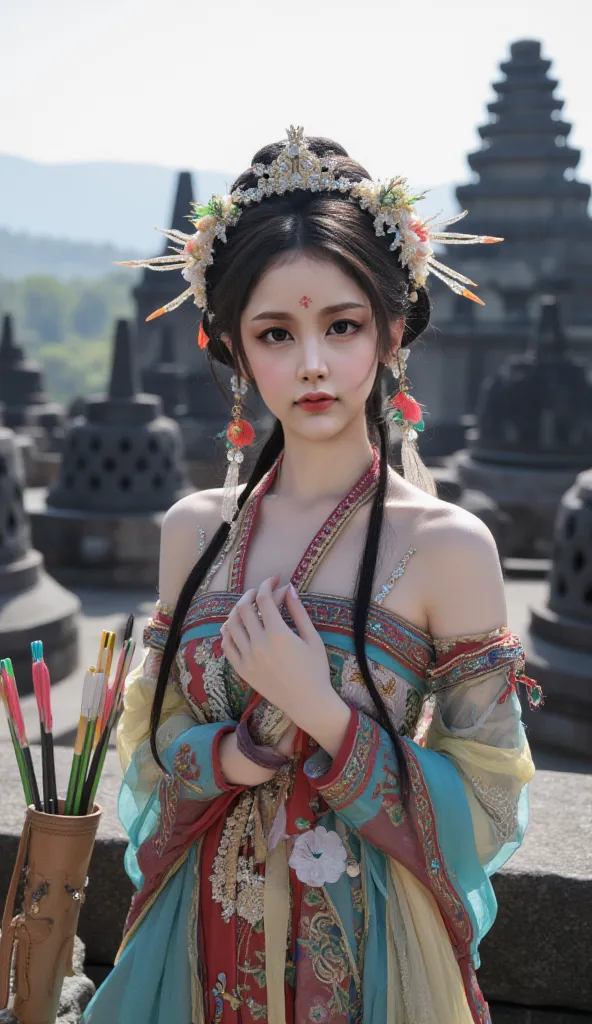 Draped in an intricately designed outfit that combines traditional patterns with vibrant embellishments, a woman stands poised in a Borobudur temple. Her elegant headdress is adorned with vivid colors and delicate, shimmering ornaments that complement her ...