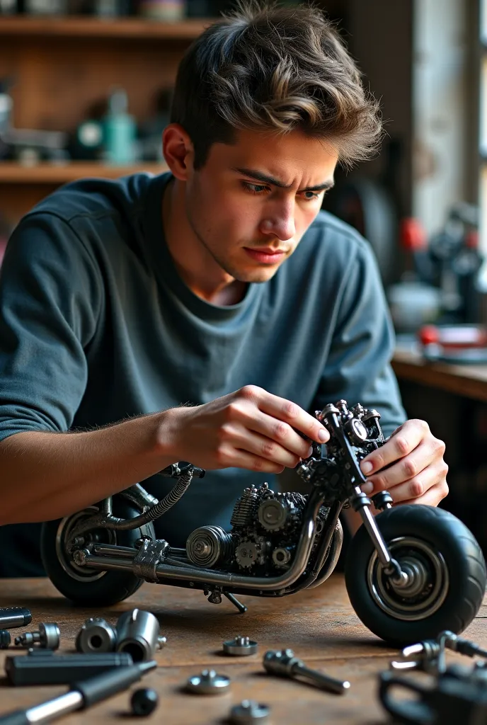 Young man dismantling a moped