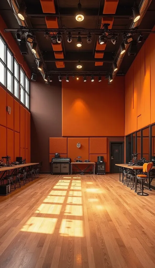 Generate a vivid, clear and accurate image that shows that a studio space with paddings of chocolate brown and orange is used for Meeting space for small events, music rehearsals, dance, drama