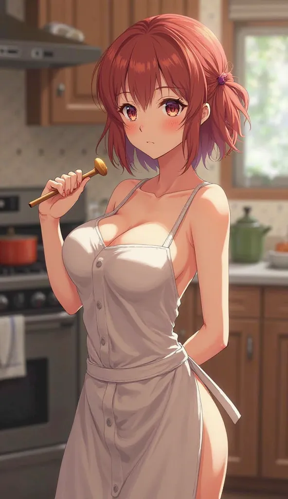 Kyoto Animation Violet Evergarden， 25 year old woman with extended breasts，naked apron， shy laugh，Hold a ladle in your right hand， The background is the kitchen ，top quality，High Resolution