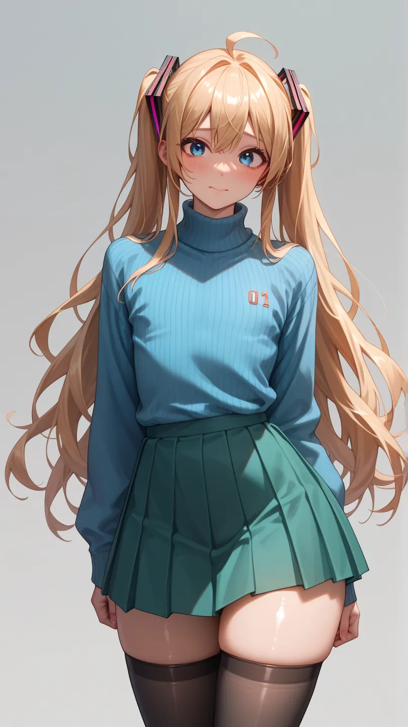 (  Masterpiece , best quality, amazing quality),( formal style),  Simple background ,  last  ,1 femboy, MIKU NAKANO , “The quintessence of the five” , shiny skin,   Long hair,shiny hair, One,  BLUE EYES, ,( blue sweater ),  men's pile, green skirt , (black...