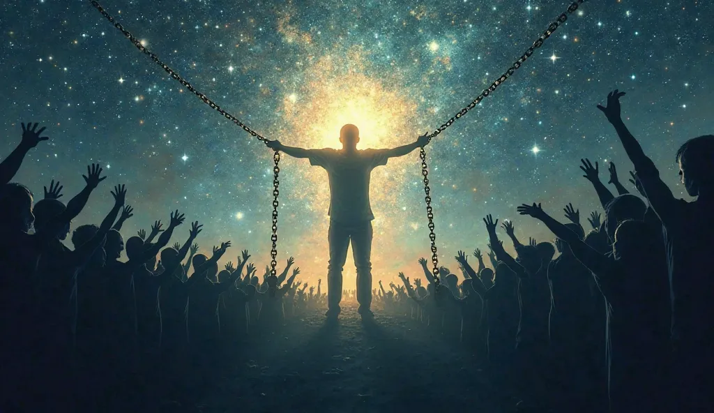 A human silhouette made of light, breaking free from a sea of shadowy figures, all of whom are reaching out to pull them back. Chains made of words like 'fear,' 'conformity,' and 'acceptance' snap as they ascend. The background consists of a starry cosmic ...