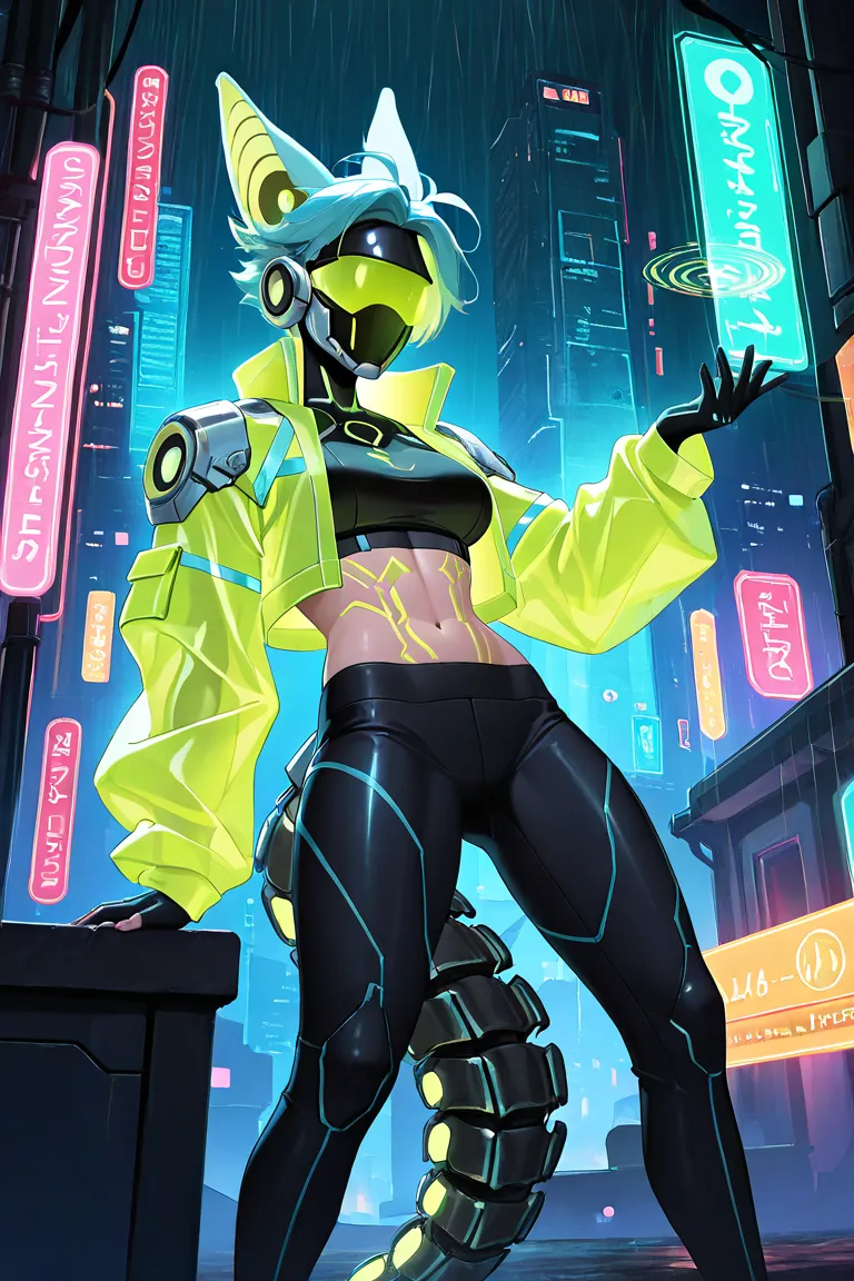 "Futuristic cyberpunk Protogen, athletic body with biomechanical limbs, segmented mechanical tail with glowing neon lights, expressive visor with animated neon symbols (green or blue), large stylized ears with antenna panels, sleek armored shoulders and le...