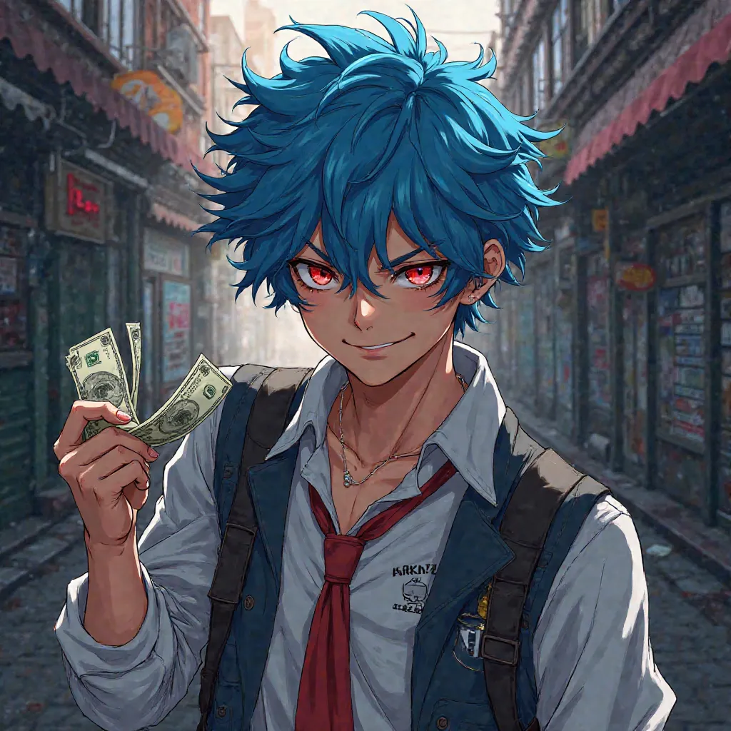 anime male, punk, delinquent, blue curly hair, red eyes, school outfit, smirking, brushed up, counting money, street ally,