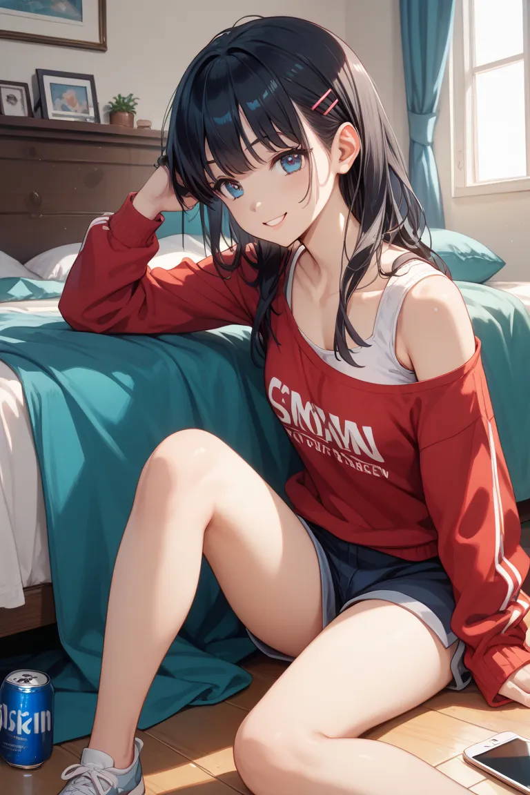 Hiding his eyes with his hands,Eye color: blue,The eyesight is a little tight,I'm wearing soft loungewear,The hairstyle is black hair short ,About ,anime style ,She is smiling,my cheeks are slightly red,The whole body is shown and she is sitting on the flo...