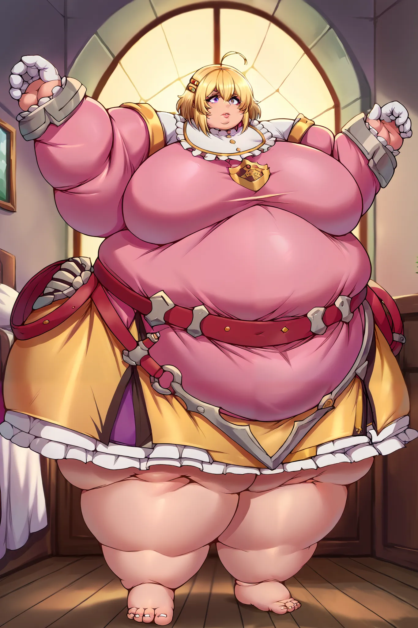 selen, blonde_hair, purple_eyes, hairclip, ahoge, armor, red_belt, yellow_skirt, pink_dress, long_sleeves, juliet_sleeve, bedroom, giant hands, giant feet, fat, chubby, obese, gigantic arms and legs, gigantic breasts, sagging breasts, full body shot, morbi...