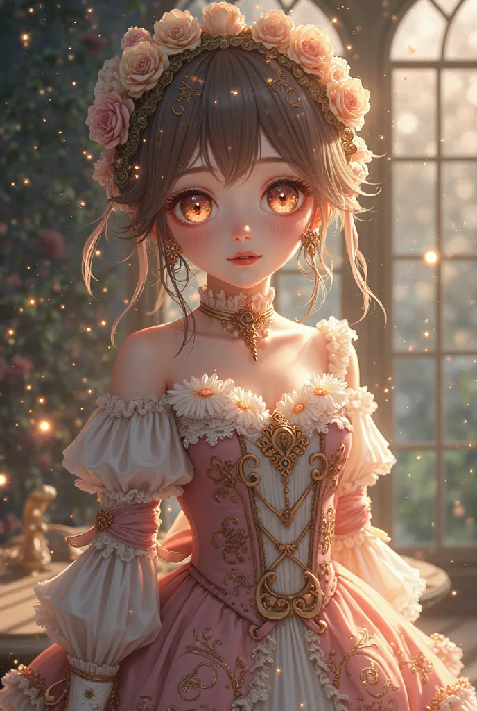 anime-style girl with costumes inspired by the Victorian era with stars in her eyes like glitter