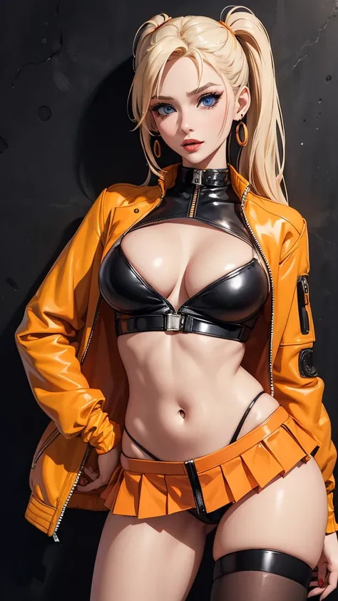 (masterpiece, the best quality:1.2), expressive eyes, perfect face man, highres, a girl, Alone , (feminine:1.5), Naruko Uzumaki, blue eyes, blond hair, long hair, long pigtails, earrings, sexy makeup,  intense red lips,  sexy body, Incredibly large breasts...