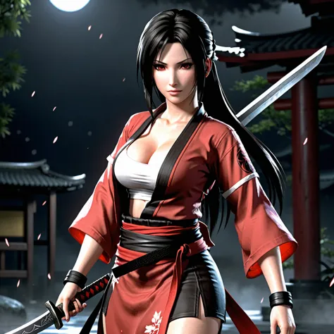 Create a Final Fantasy-style image of Tifa Lockhart. She has half-closed and red eyes. She wears a red kimono that flows elegantly around her,  and in your hands , Hold a katana firmly.  Your hair is long and black , cascading down your shoulders. The back...