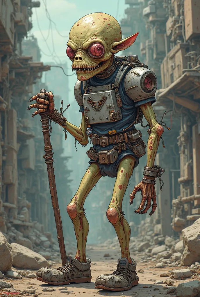 Fallout ghoul, younger, slightly decayed flesh with a metal walking stick and metal armor, in a borderlands cell shaded art style